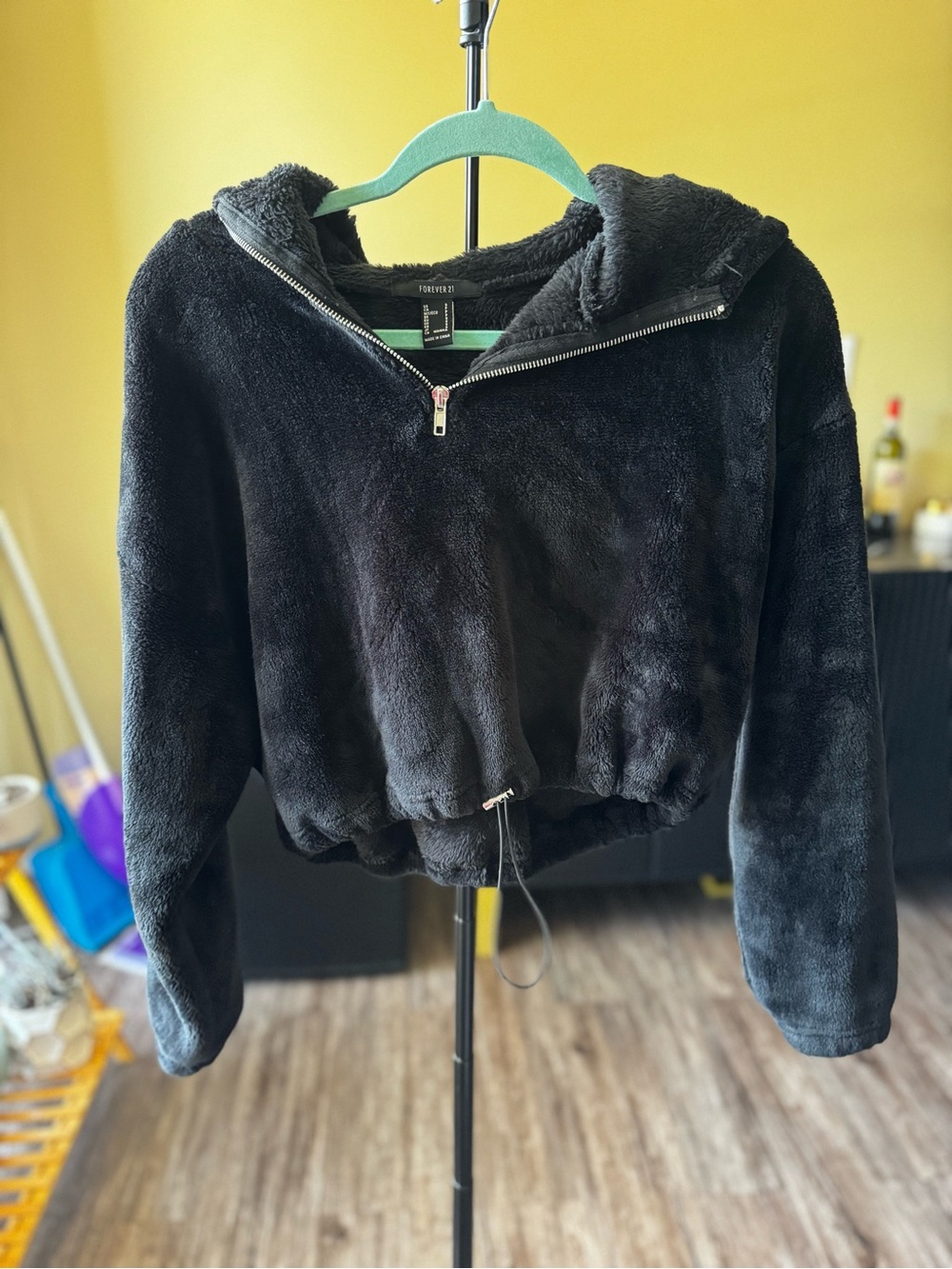 Forever 21 Black Faux-Fur Hooded Half-Zip Pullover